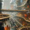 Futuristic cityscape with glowing elevated walkways, tall buildings, neon lights, and people walking in a wet urban environment. Sci-fi art poster available in A1 to A4 sizes.