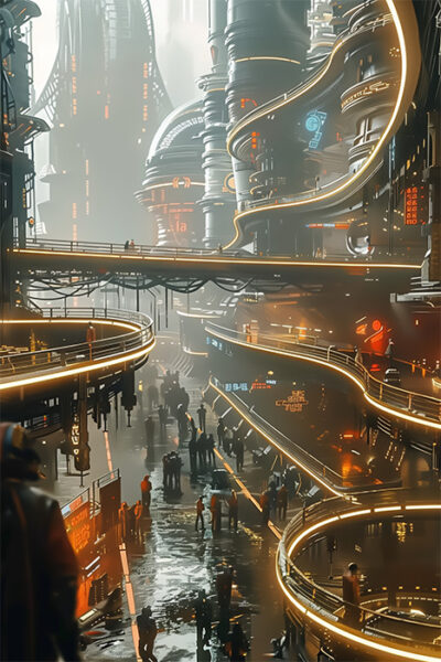 Futuristic cityscape with glowing elevated walkways, tall buildings, neon lights, and people walking in a wet urban environment. Sci-fi art poster available in A1 to A4 sizes.