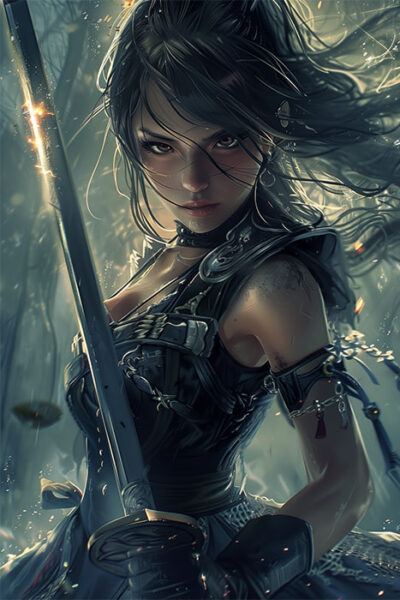 A woman in dark, detailed armour holds a sword, standing in a misty forest with intense expression and wind blowing her hair. Fantasy art poster available in A1 to A4 sizes.