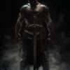 A muscular warrior wearing armour stands with his head down, holding a large sword pointed at the ground, surrounded by smoke and dark lighting. Fantasy art poster available in A1 to A4 sizes.