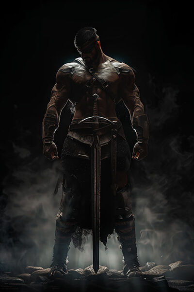A muscular warrior wearing armour stands with his head down, holding a large sword pointed at the ground, surrounded by smoke and dark lighting. Fantasy art poster available in A1 to A4 sizes.