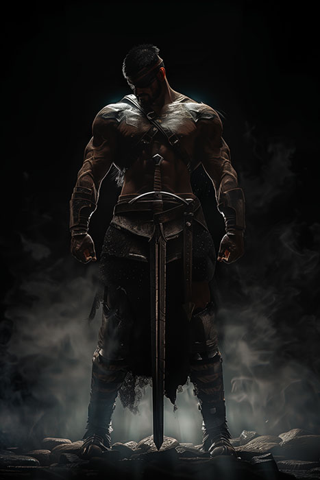 product-image A muscular warrior wearing armour stands with his head down, holding a large sword pointed at the ground, surrounded by smoke and dark lighting. Fantasy art poster available in A1 to A4 sizes.
