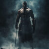 A muscular warrior stands in a dark, smoky environment, holding a sword and a shield, wearing armour and a skirt-like garment. Fantasy art poster available in A1 to A4 sizes.