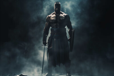 A muscular warrior stands in a dark, smoky environment, holding a sword and a shield, wearing armour and a skirt-like garment. Fantasy art poster available in A1 to A4 sizes.
