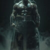 A muscular warrior with a beard stands in a dark, smoky environment, wearing armour and a cape, holding a large sword pointing downward. Fantasy art poster available in A1 to A4 sizes.
