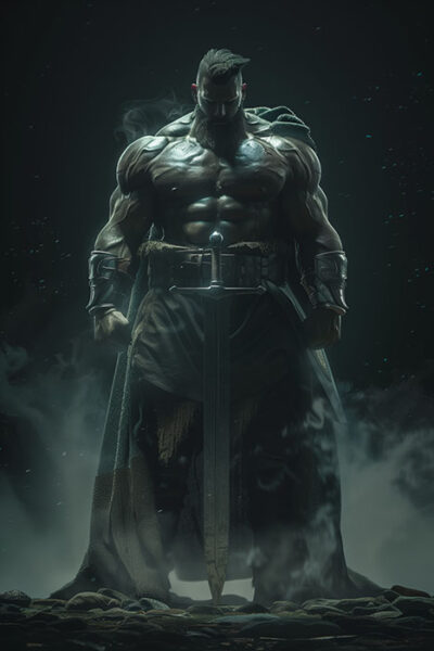 A muscular warrior with a beard stands in a dark, smoky environment, wearing armour and a cape, holding a large sword pointing downward. Fantasy art poster available in A1 to A4 sizes.
