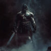 A muscular warrior with long hair stands in dark, smoky surroundings, holding a large sword and wearing leather armour. Fantasy art poster available in A1 to A4 sizes.