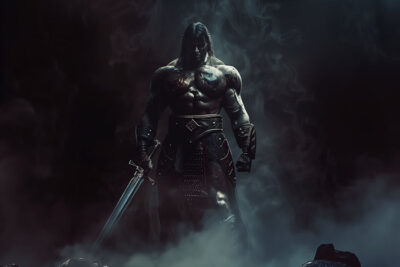 A muscular warrior with long hair stands in dark, smoky surroundings, holding a large sword and wearing leather armour. Fantasy art poster available in A1 to A4 sizes.