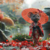 A mouse wearing a red kimono and holding a red parasol stands among autumn leaves in a Japanese garden. Cute Geisha mouse poster available in A1 to A4 sizes.