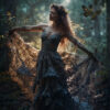 A woman in a long, lacy dress stands in a sunlit forest, holding out her skirt. A butterfly flies nearby, and light filters through the trees. Woodland faerie art poster available in A1 to A4 sizes.