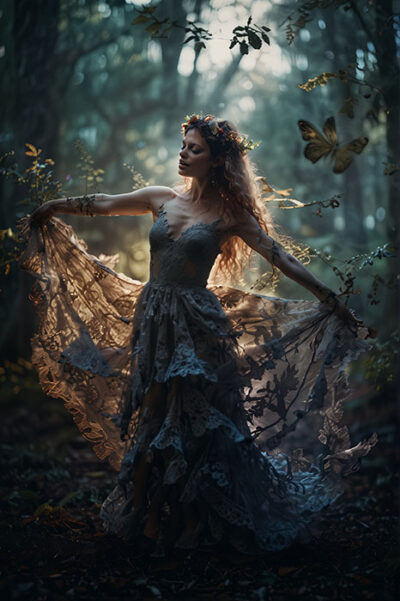 A woman in a long, lacy dress stands in a sunlit forest, holding out her skirt. A butterfly flies nearby, and light filters through the trees. Woodland faerie art poster available in A1 to A4 sizes.
