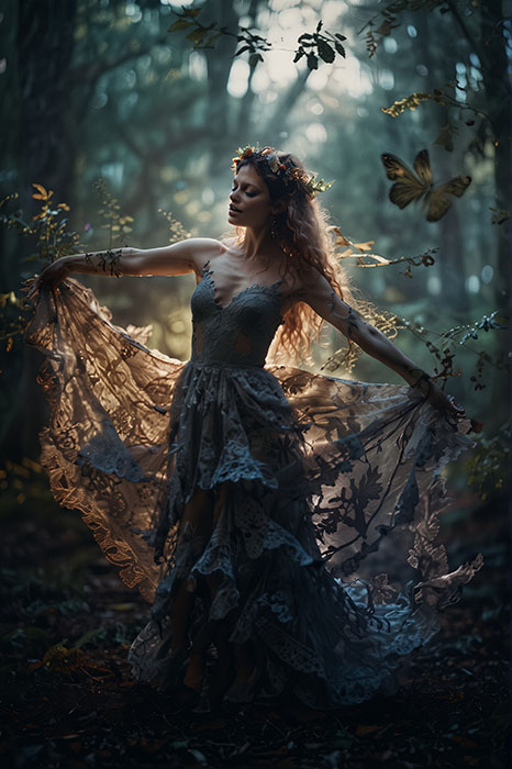 product-image A woman in a long, lacy dress stands in a sunlit forest, holding out her skirt. A butterfly flies nearby, and light filters through the trees. Woodland faerie art poster available in A1 to A4 sizes.