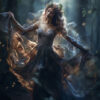 A woman in a flowing, lace dress and floral crown stands in a dimly lit forest, holding out her skirt as soft light filters through the trees. Woodland faerie art poster available in A1 to A4 sizes.