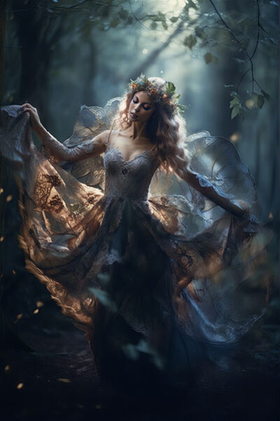A woman in a flowing, lace dress and floral crown stands in a dimly lit forest, holding out her skirt as soft light filters through the trees. Woodland faerie art poster available in A1 to A4 sizes.