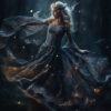 product-image A woman in a flowing, intricate gown dances in a dark, mystical forest at night, surrounded by glowing fireflies. Woodland faerie art poster available in A1 to A4 sizes.