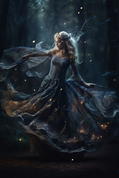 product-image A woman in a flowing, intricate gown dances in a dark, mystical forest at night, surrounded by glowing fireflies. Woodland faerie art poster available in A1 to A4 sizes.