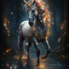 A unicorn with a golden horn and a mane adorned with flowers stands in a dark, enchanted forest, illuminated by glowing fireflies and reflected in a pool of water. Unicorn art poster available in A1 to A4 sizes.