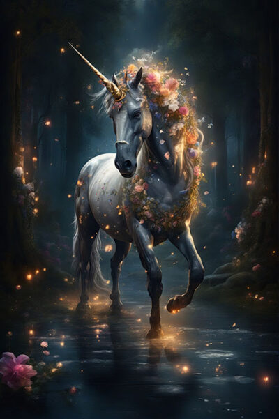A unicorn with a golden horn and a mane adorned with flowers stands in a dark, enchanted forest, illuminated by glowing fireflies and reflected in a pool of water. Unicorn art poster available in A1 to A4 sizes.