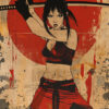 Illustration of a fierce woman holding a katana in a combat stance, with a red sun circle and splattered paint background. Oriental warrior poster available in A1 to A4 sizes.