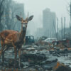 A deer stands amid debris and destroyed buildings in an urban area, with damaged cars and barren trees in the background on a foggy day. Post apocalyptic art poster available in A1 to A4 sizes.