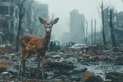 A deer stands amid debris and destroyed buildings in an urban area, with damaged cars and barren trees in the background on a foggy day. Post apocalyptic art poster available in A1 to A4 sizes.