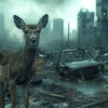 A deer stands in the foreground of a ruined cityscape with destroyed buildings and an abandoned car under a cloudy sky. Post apocalyptic art poster available in A1 to A4 sizes.