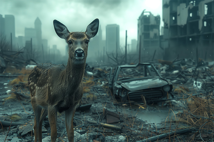 A deer stands in the foreground of a ruined cityscape with destroyed buildings and an abandoned car under a cloudy sky. Post apocalyptic art poster available in A1 to A4 sizes.