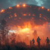 A large, glowing UFO hovers above a forest at dusk as several people with bicycles watch from the ground. Fantasy art poster available in A1 to A4 sizes.