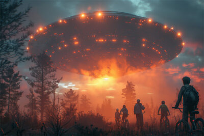 A large, glowing UFO hovers above a forest at dusk as several people with bicycles watch from the ground. Fantasy art poster available in A1 to A4 sizes.