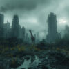 A giraffe stands among overgrown plants and debris in the centre of a ruined, abandoned city with tall, damaged buildings under a cloudy sky. Post apocalyptic art poster available in A1 to A4 sizes.