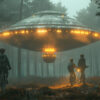 Three children on bicycles observe a large, illuminated UFO hovering in a misty forest at dusk. Fantasy art poster available in A1 to A4 sizes.