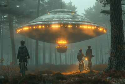 Three children on bicycles observe a large, illuminated UFO hovering in a misty forest at dusk. Fantasy art poster available in A1 to A4 sizes.