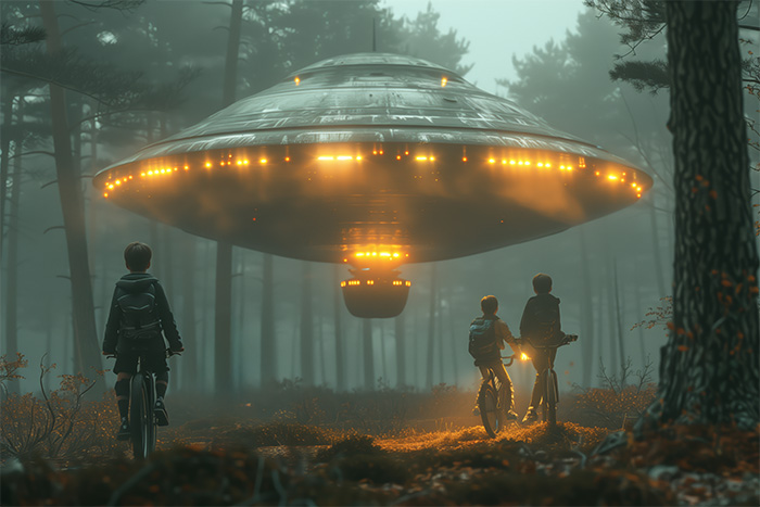 product-image-3-2 Three children on bicycles observe a large, illuminated UFO hovering in a misty forest at dusk. Fantasy art poster available in A1 to A4 sizes.