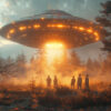 A large, illuminated UFO hovers above a forest clearing at dusk, casting light on six people standing beneath it among trees and mist. Fantasy art poster available in A1 to A4 sizes.