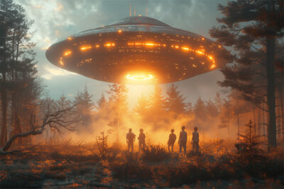 A large, illuminated UFO hovers above a forest clearing at dusk, casting light on six people standing beneath it among trees and mist. Fantasy art poster available in A1 to A4 sizes.