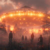 A group of people stand in a misty forest at dusk, looking at a large, glowing UFO hovering above the trees. Fantasy art poster available in A1 to A4 sizes.