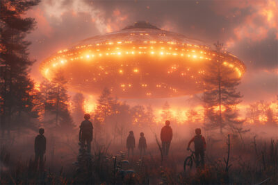 A group of people stand in a misty forest at dusk, looking at a large, glowing UFO hovering above the trees. Fantasy art poster available in A1 to A4 sizes.