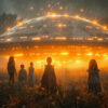 A group of children stand in a field at night, facing a large, glowing UFO with orange lights as rain falls around them. Fantasy art poster available in A1 to A4 sizes.