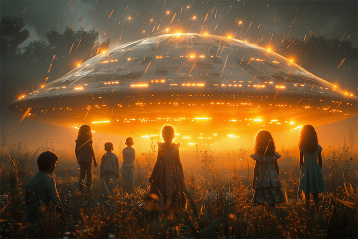 product-image-3-2 A group of children stand in a field at night, facing a large, glowing UFO with orange lights as rain falls around them. Fantasy art poster available in A1 to A4 sizes.