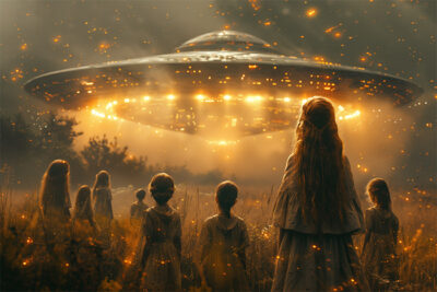 A group of children in old-fashioned clothing stand in a field at night, facing a large, glowing UFO hovering above them with lights and sparks in the air. Fantasy art poster available in A1 to A4 sizes.