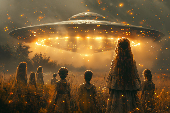 product-image-3-2 A group of children in old-fashioned clothing stand in a field at night, facing a large, glowing UFO hovering above them with lights and sparks in the air. Fantasy art poster available in A1 to A4 sizes.