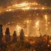 Four children stand in a grassy field at night, looking up at a large, glowing UFO hovering above them with bright lights and illuminated beams. Fantasy art poster available in A1 to A4 sizes.