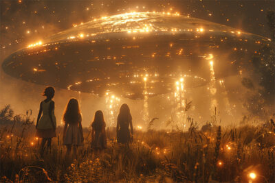 Four children stand in a grassy field at night, looking up at a large, glowing UFO hovering above them with bright lights and illuminated beams. Fantasy art poster available in A1 to A4 sizes.