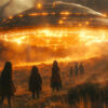 A group of children stand in a field at dusk, facing a large, glowing UFO hovering above the ground, illuminating the surroundings with bright orange lights. Fantasy art poster available in A1 to A4 sizes.