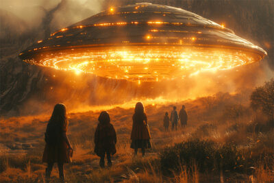 A group of children stand in a field at dusk, facing a large, glowing UFO hovering above the ground, illuminating the surroundings with bright orange lights. Fantasy art poster available in A1 to A4 sizes.