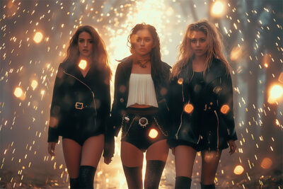 Three women in black outfits stand confidently in a forest setting, surrounded by bright, glowing lights and sparkles. Cinematic-style teen attitude poster available in A1 to A4 sizes.