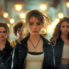 Four young women in casual clothing walk outdoors at night, illuminated by blurred street lights in the background. Cinematic-style teen attitude poster available in A1 to A4 sizes.