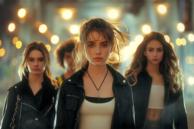 Four young women in casual clothing walk outdoors at night, illuminated by blurred street lights in the background. Cinematic-style teen attitude poster available in A1 to A4 sizes.