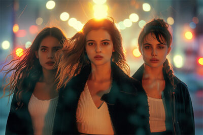 Three young women stand side by side at night, illuminated by bright city lights and blurred traffic in the background. Cinematic-style teen attitude poster available in A1 to A4 sizes.