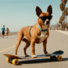 A skateboarding dog wearing sunglasses stands on a palm-lined beach path, with people walking and running in the background. Dog poster available in A1 to A4 sizes.